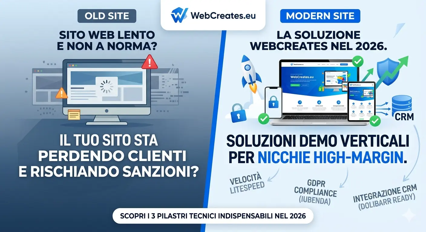 Il tuo sito web &egrave; lento o non a norma? Scopri i 3 pilastri tecnici indispensabili nel 2026 per proteggere la tua azienda e non perdere clienti.