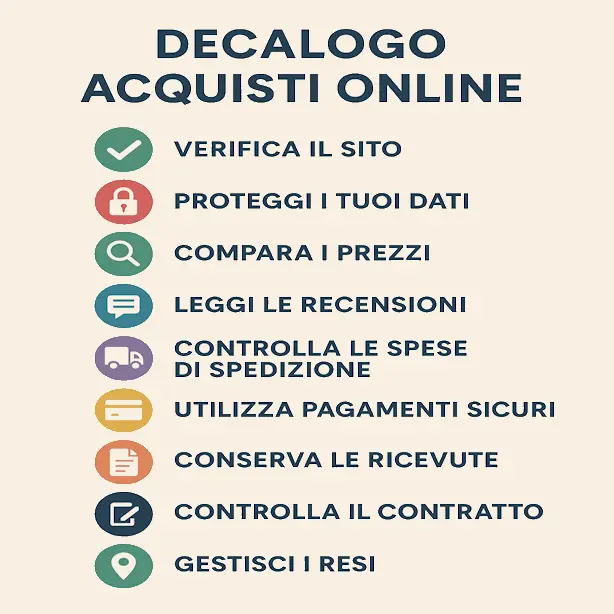 Scopri il decalogo per fare acquisti online in sicurezza. Dieci regole semplici ma efficaci per proteggerti da truffe e frodi durante lo shopping digitale.